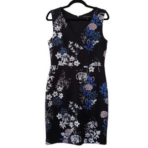 Banana Republic Floral Sleeveless V Neck Sheath Dress, Black/Blue/White, Sz 6